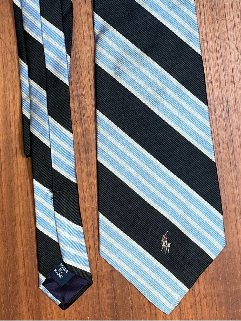 Polo Ralph Lauren Striped Black Light Blue and White Pony Logo Silk Tie